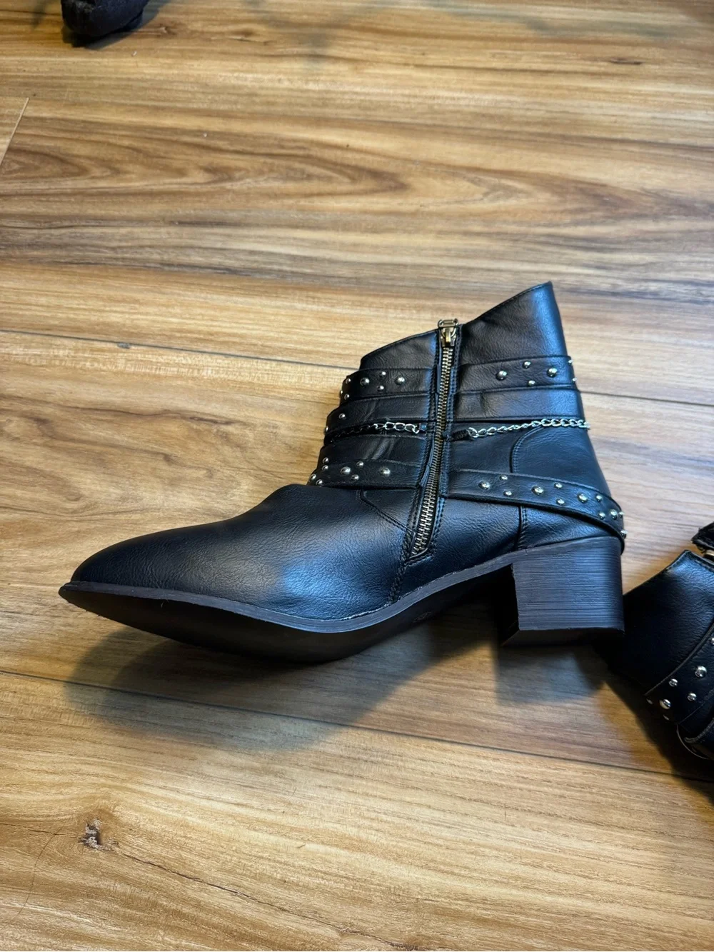 Women's Black Studded Ankle Booties with Decorative Straps